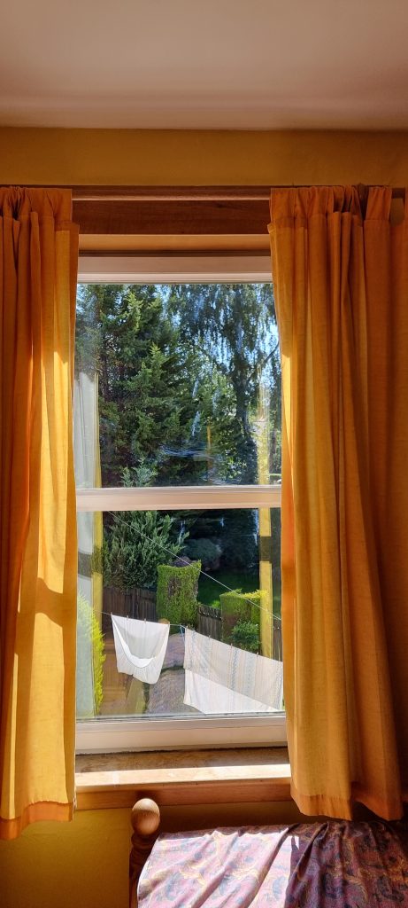 The same window after new sealed units, with the garden sharp again