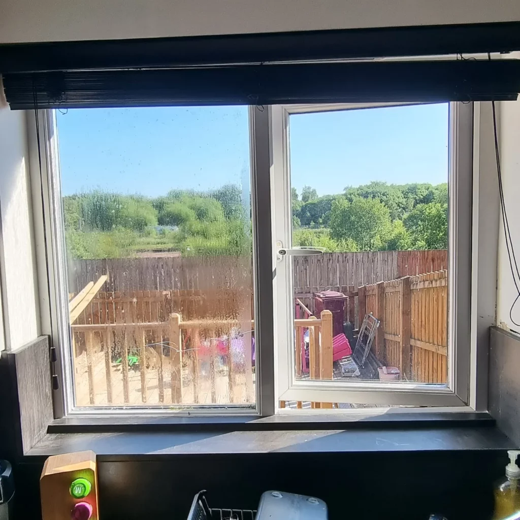 Hazy blown sealed units in a white uPVC window overlooking a back garden