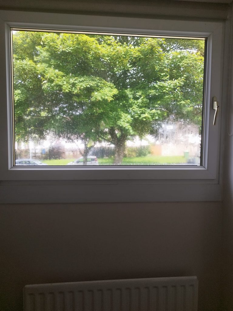 Blown sealed unit clouding the view of the street from an oak effect window