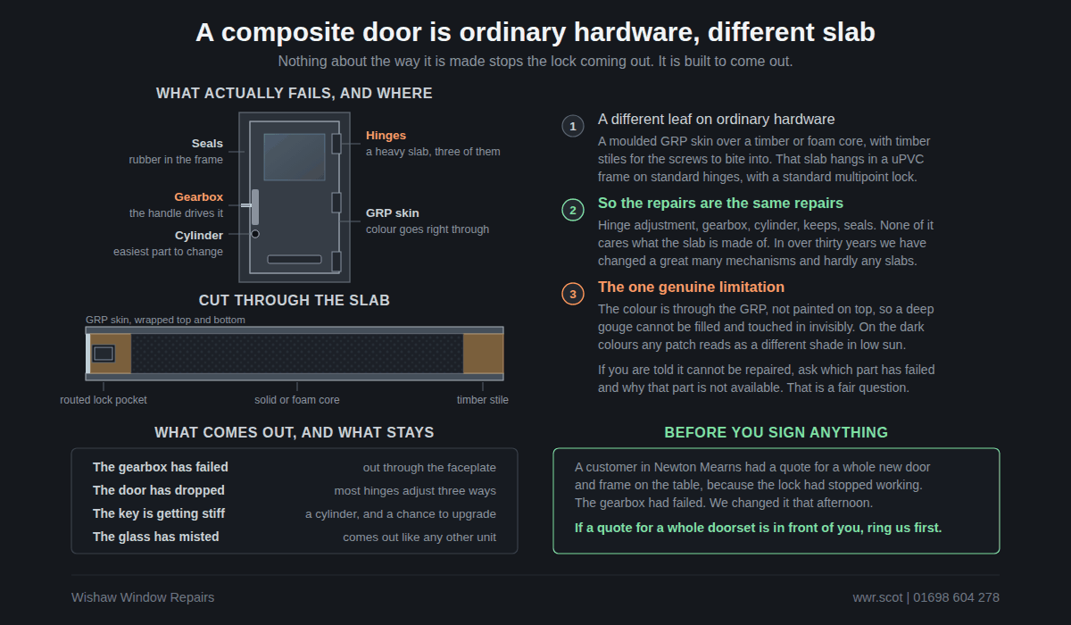 Cross section through a composite door showing the GRP skin, the insulating foam core, the timber sub frame and the lock case set into the edge.