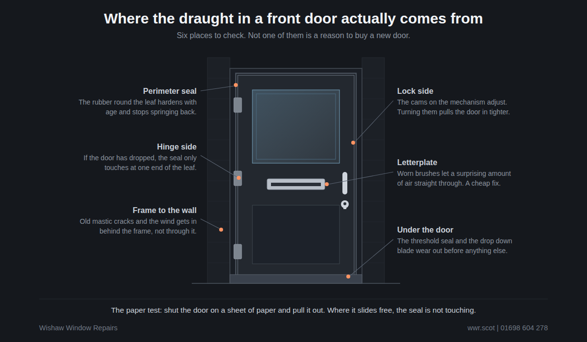 A front door drawn with every place a draught actually comes from marked, including the weatherseal, the threshold, the letterplate and the cylinder.
