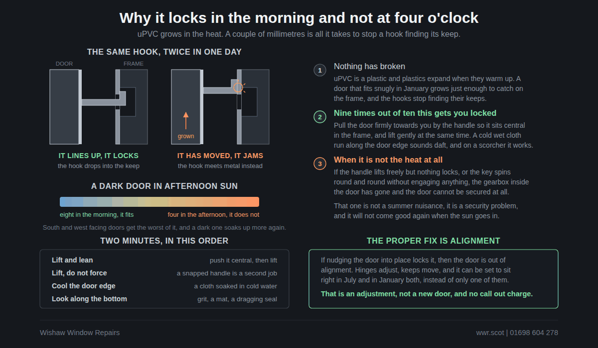Diagram showing a uPVC door leaf expanding in warm weather so the locking hook no longer reaches into the keep, compared with the same door locking normally when cool.