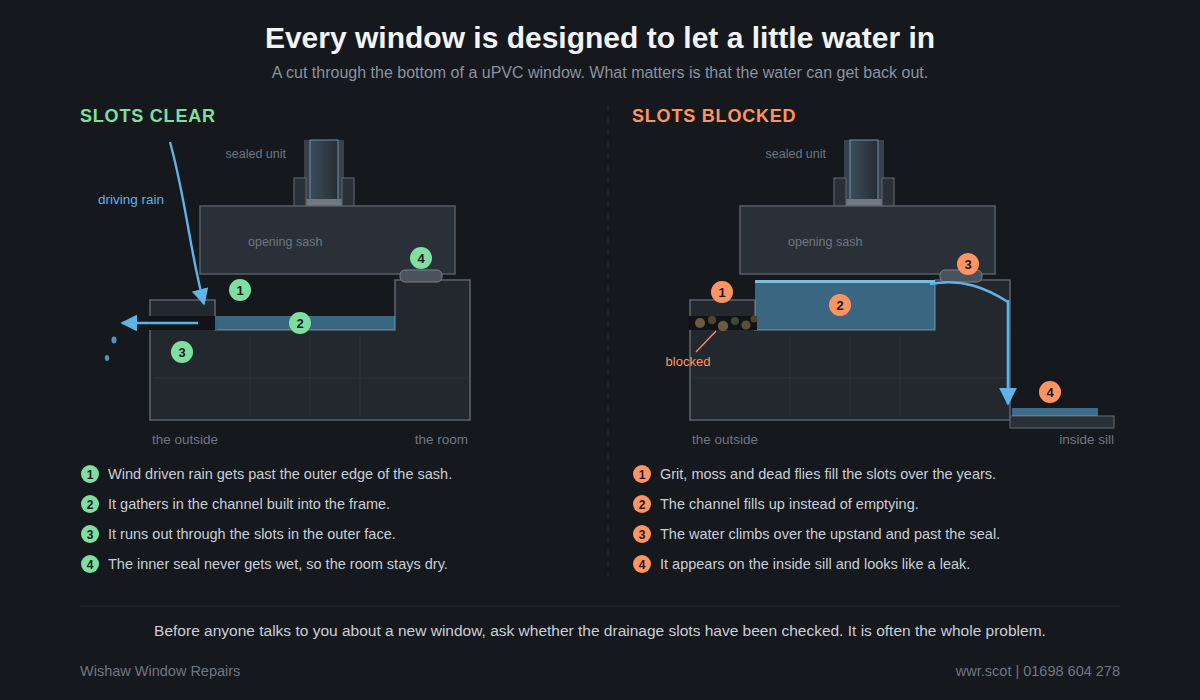 Diagram of the drainage slots in a uPVC window frame showing how water is designed to get in and drain back out, and what happens when the slots block.