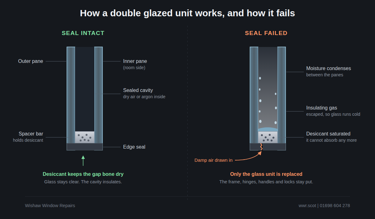 Cross section of a double glazed sealed unit showing the two panes, the spacer bar, the desiccant beads inside it and the perimeter seal that fails and lets the misting in.