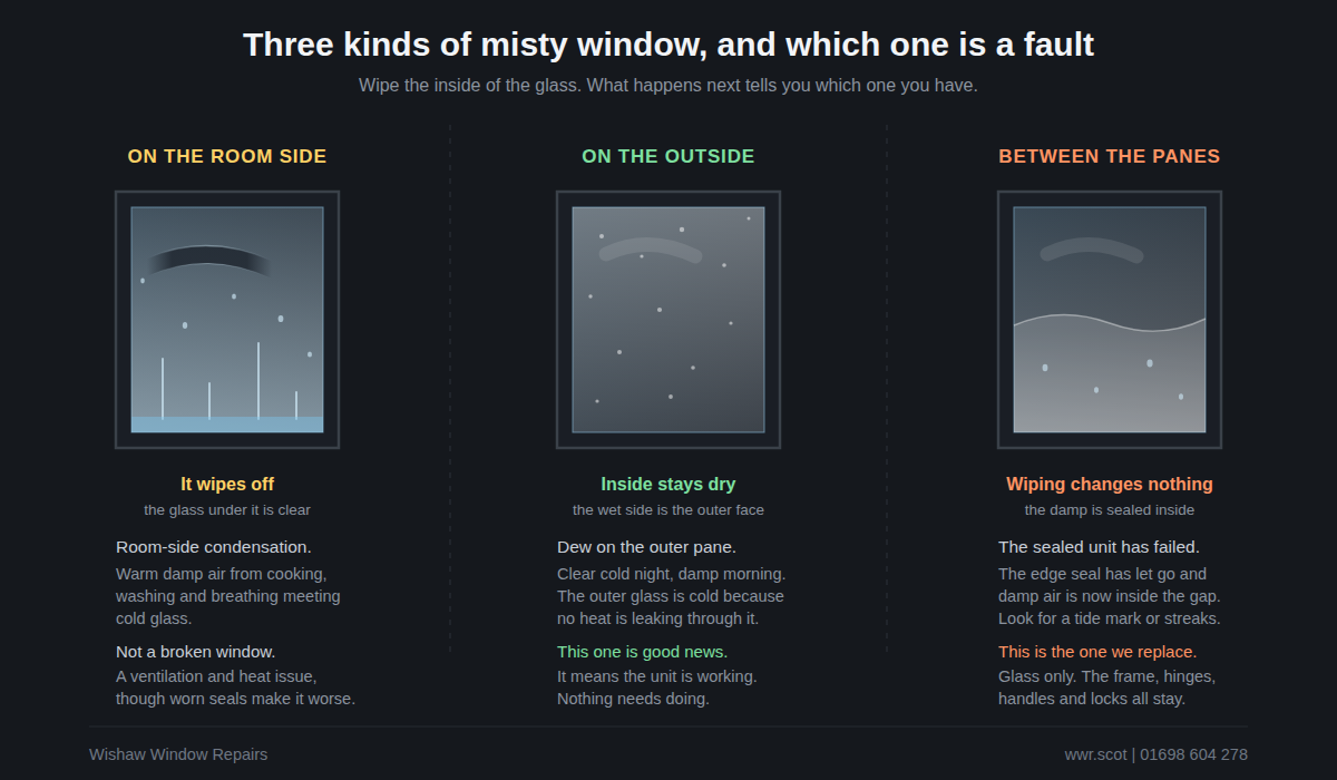 Diagram comparing the three kinds of misty window: condensation on the room side of the glass, condensation on the outside face, and moisture trapped between the panes, which is the only one that is a fault.