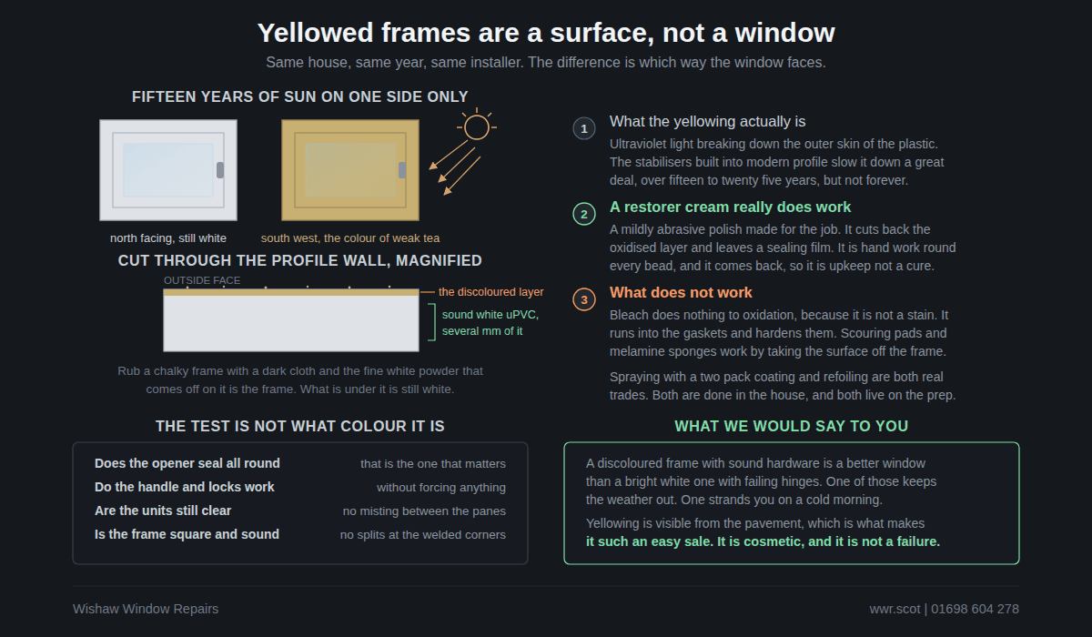 Diagram showing how sunlight breaks down the surface of a white uPVC frame over time, with the sun facing elevation yellowed and the shaded elevation still white.