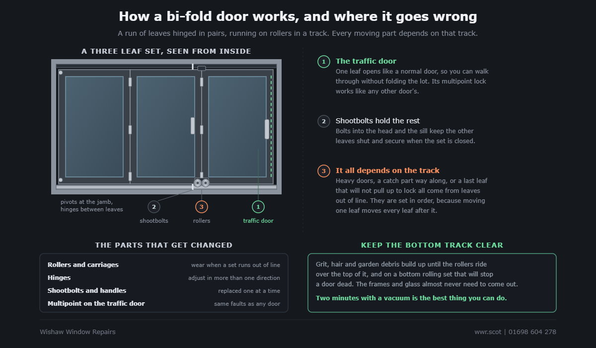 A three leaf bi-fold door seen from inside, showing the traffic door with its handle and multipoint lock, shootbolts into the head and sill on the next leaf, pivots at the jamb, hinges between the leaves and rollers running in the bottom track.