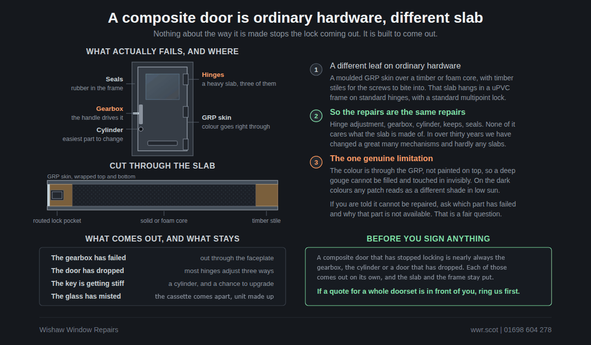 Cross section through a composite door showing the GRP skin, the insulating foam core, the timber sub frame and the lock case set into the edge.