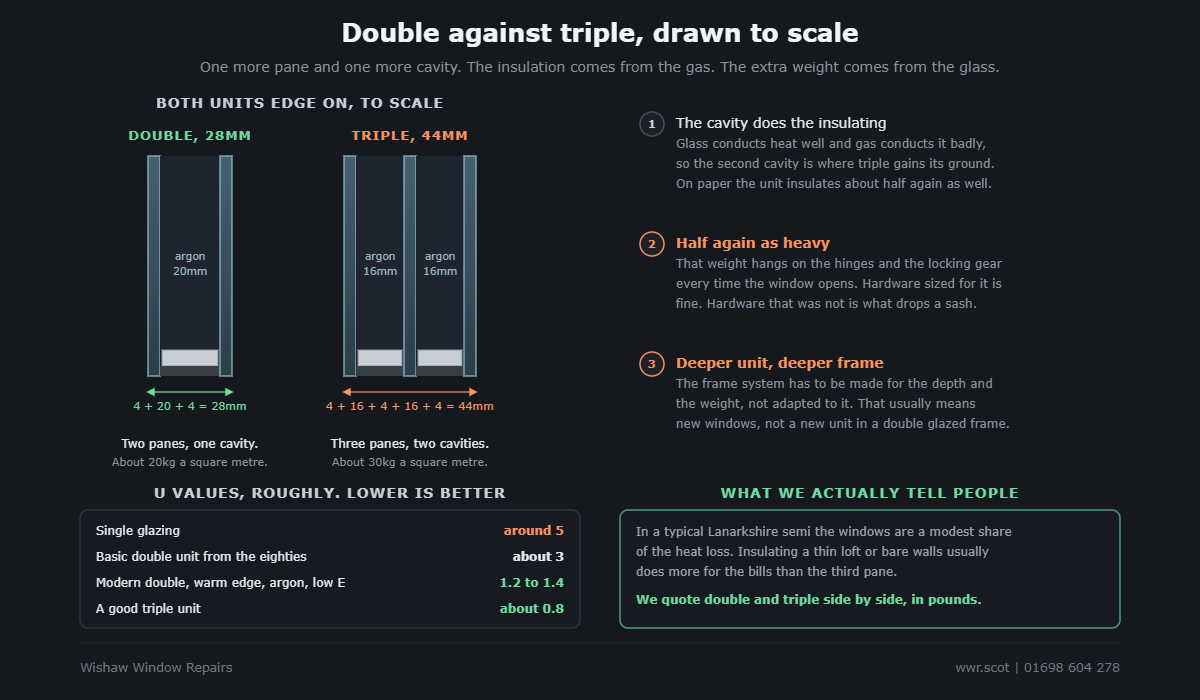 Double and triple glazed sealed units drawn edge on to scale, 4 plus 20 plus 4 making 28mm against 4 plus 16 plus 4 plus 16 plus 4 making 44mm, with rough U values for single glazing, an older double unit, a modern double unit and a good triple unit.