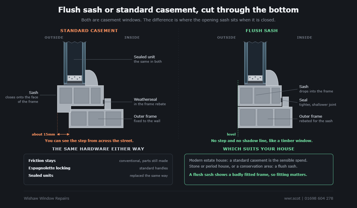Cross sections through the bottom of a standard casement window, where the opening sash stands about 15mm proud of the outer frame, and a flush sash window, where the sash drops into the frame and finishes level with it.