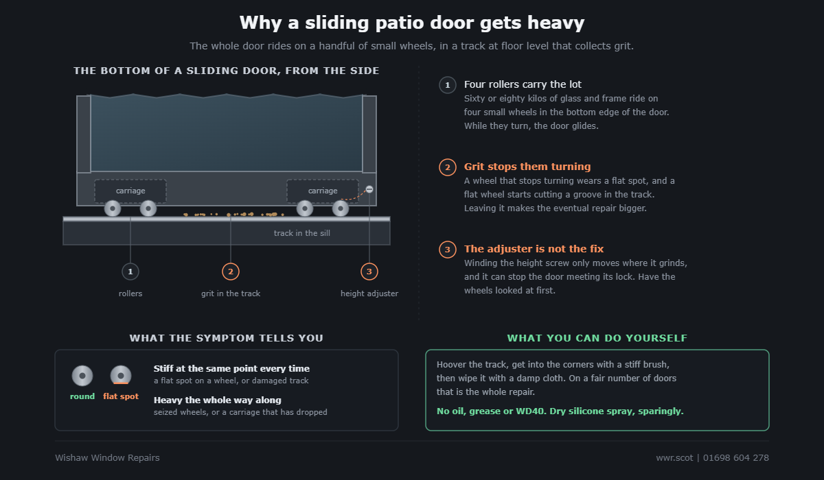 Side view of the bottom of a sliding patio door showing two carriages with two rollers each running on a track in the sill, grit packed on the track between them, and the height adjuster in the edge of the door.
