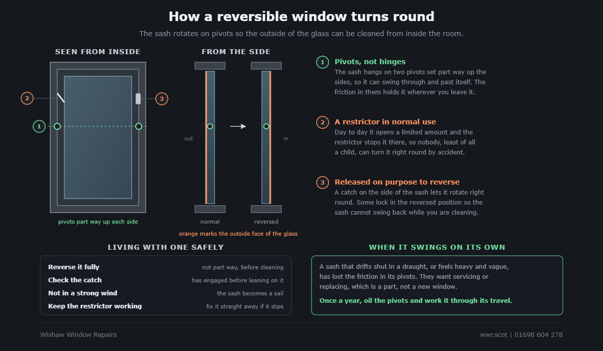 A reversible window seen from inside with pivots part way up each side, a restrictor and a release catch, and side views of the sash in its normal and reversed positions with the outside face of the glass marked.