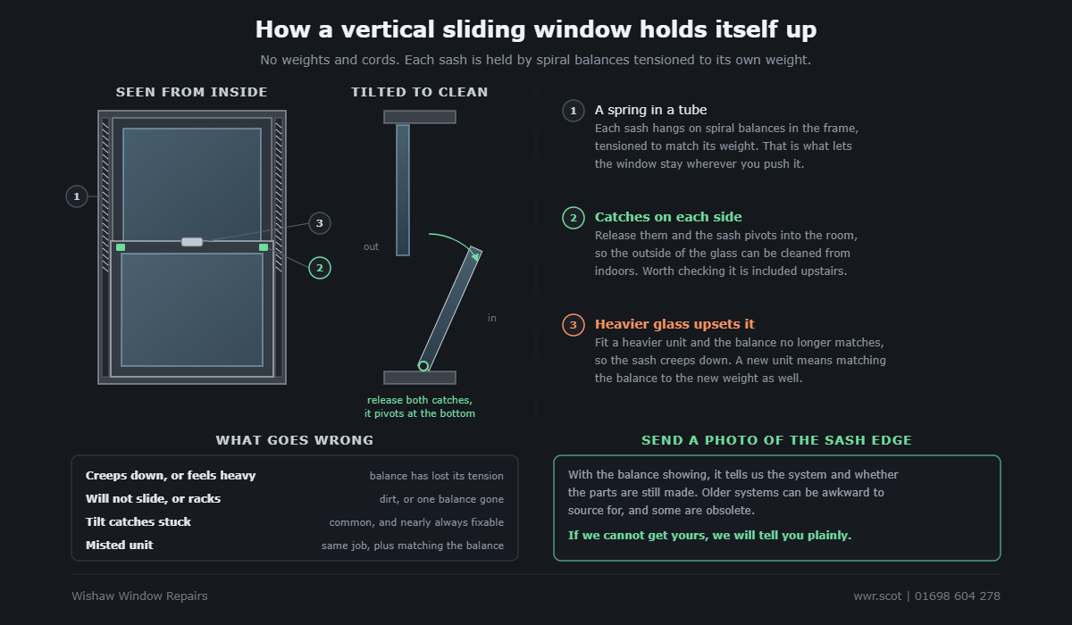 A vertical sliding window seen from inside with spiral balances in each side of the frame, tilt catches at the top of the lower sash and the lock on the meeting rails, and a side view of the lower sash tilted into the room on its bottom pivot for cleaning.